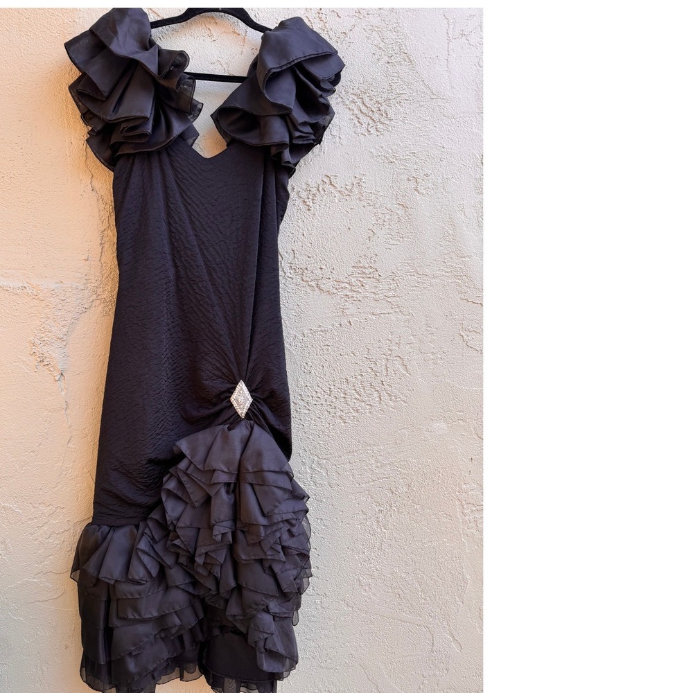Vintage Black Ruffle Cocktail Midi Dress Rhinestone Formal Prom 80s Gothic Tier